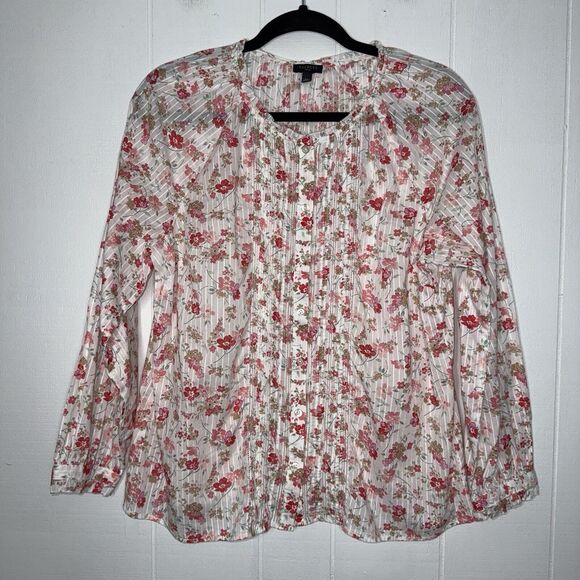 Talbots Women’s Floral Button Up Top Pink White Size LP - Picture 1 of 5